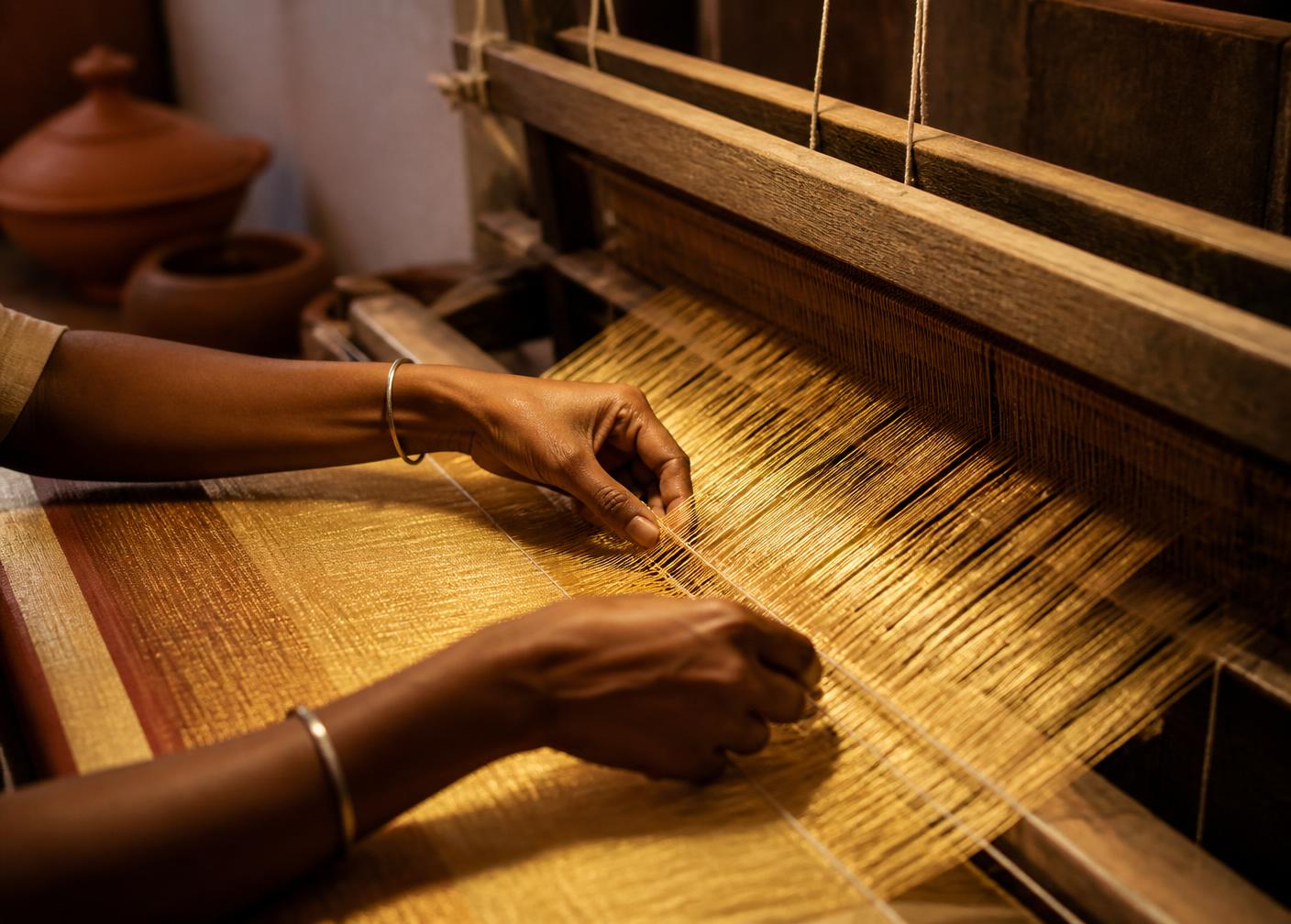 Weaver drawing golden tussar thread across a handloom