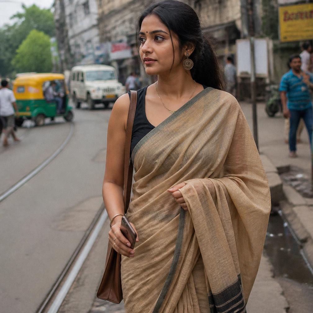 Woman in a sand-coloured Kosa silk kurta in a contemporary interior